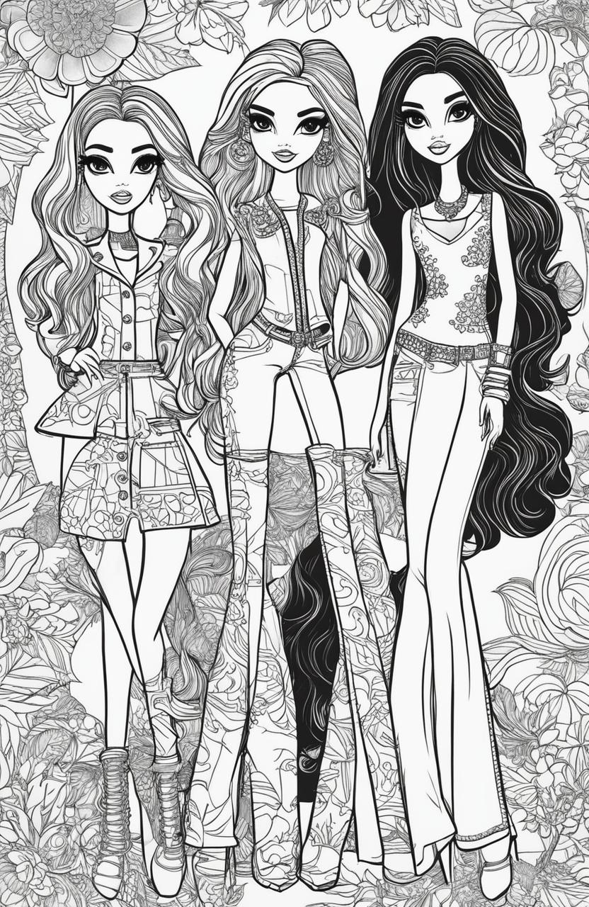 This image is a black and white Bratz-themed colouring book page, featuring the iconic characters in fashionable outfits