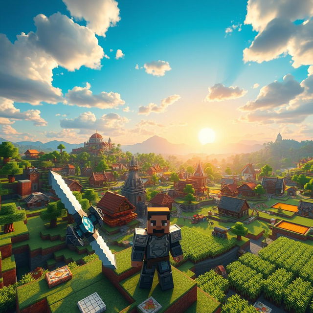 A vibrant, detailed Minecraft landscape showcasing a sprawling village, with colorful houses made of different materials like wood and stone, bustling villagers, and lush green farms with crops ready for harvest