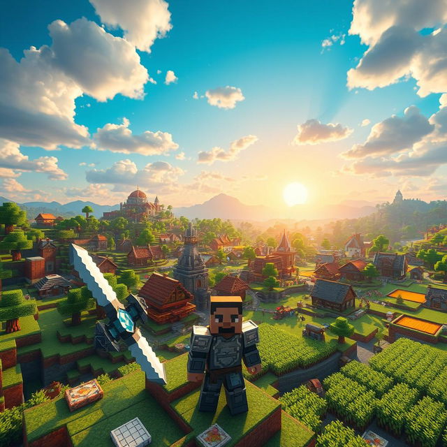 A vibrant, detailed Minecraft landscape showcasing a sprawling village, with colorful houses made of different materials like wood and stone, bustling villagers, and lush green farms with crops ready for harvest