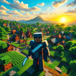 A vibrant, detailed Minecraft landscape showcasing a sprawling village, with colorful houses made of different materials like wood and stone, bustling villagers, and lush green farms with crops ready for harvest