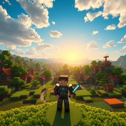 A vibrant, detailed Minecraft landscape showcasing a sprawling village, with colorful houses made of different materials like wood and stone, bustling villagers, and lush green farms with crops ready for harvest