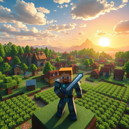 A vibrant, detailed Minecraft landscape showcasing a sprawling village, with colorful houses made of different materials like wood and stone, bustling villagers, and lush green farms with crops ready for harvest