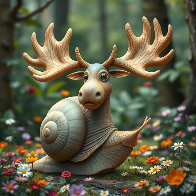 A whimsical and surreal creature combining elements of a snail and a moose