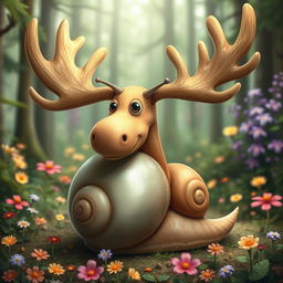A whimsical and surreal creature combining elements of a snail and a moose