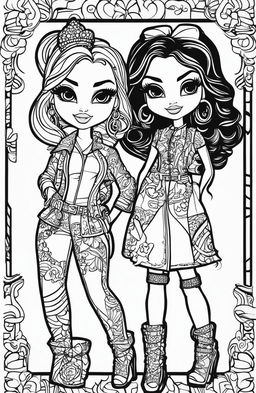 This image is a black and white Bratz-themed colouring book page, featuring the iconic characters in fashionable outfits