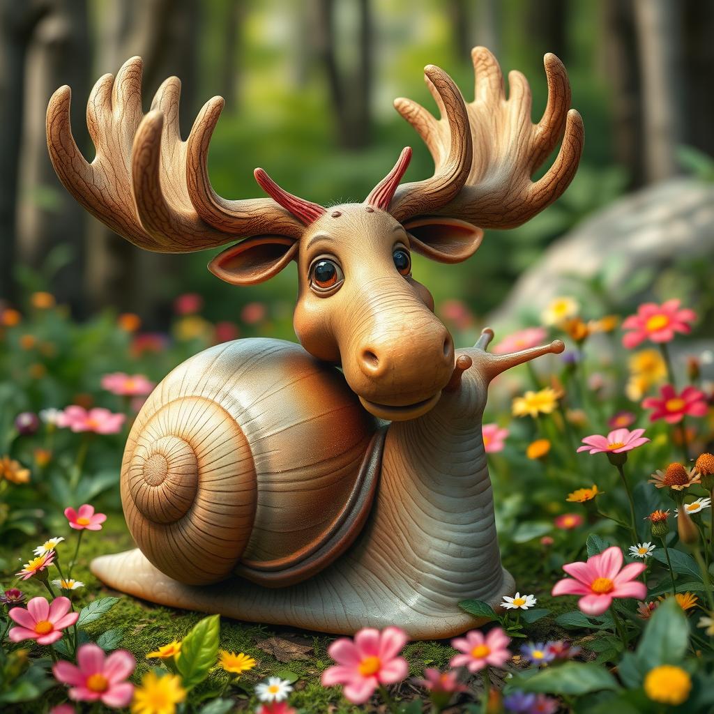 A whimsical and surreal creature combining elements of a snail and a moose