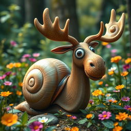 A whimsical and surreal creature combining elements of a snail and a moose