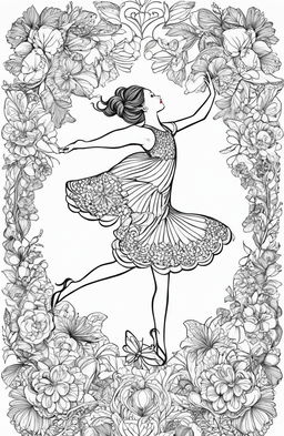 An intricate coloring page featuring a graceful ballerina in mid-dance, surrounded by whimsical elements including botanical designs and butterflies, in the style of Johanna Basford