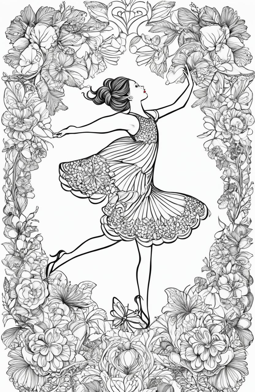 An intricate coloring page featuring a graceful ballerina in mid-dance, surrounded by whimsical elements including botanical designs and butterflies, in the style of Johanna Basford