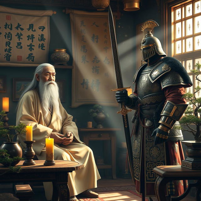 In an epic scene, a wise and aged Vietnamese Feng Shui Master with a long beard and traditional robes creates an aura of tranquility and wisdom in his small, candle-lit room filled with ancient scrolls and symbols of harmony