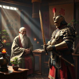 In an epic scene, a wise and aged Vietnamese Feng Shui Master with a long beard and traditional robes creates an aura of tranquility and wisdom in his small, candle-lit room filled with ancient scrolls and symbols of harmony