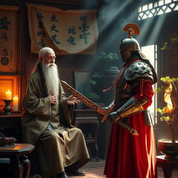In an epic scene, a wise and aged Vietnamese Feng Shui Master with a long beard and traditional robes creates an aura of tranquility and wisdom in his small, candle-lit room filled with ancient scrolls and symbols of harmony