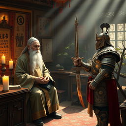 In an epic scene, a wise and aged Vietnamese Feng Shui Master with a long beard and traditional robes creates an aura of tranquility and wisdom in his small, candle-lit room filled with ancient scrolls and symbols of harmony