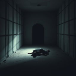 A dimly lit room with stark, cold walls and an atmosphere of despair