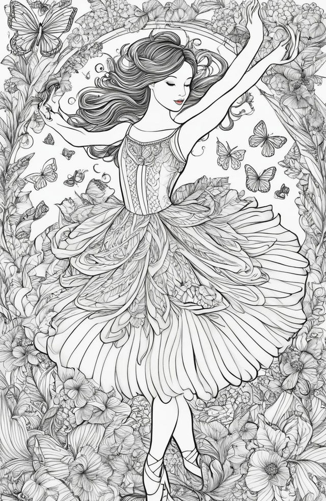 An intricate coloring page featuring a graceful ballerina in mid-dance, surrounded by whimsical elements including botanical designs and butterflies, in the style of Johanna Basford