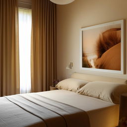 An inviting Airbnb room with a comfortable bed, a side table, and a beige-colored bedside wall. The room features good lighting, a wall photo, and warm-colored curtains.