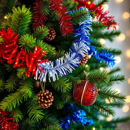 A festive New Year's wallpaper featuring lush green fir trees with abundant pine branches adorned with colorful New Year's tinsel in vibrant hues like red, silver, blue, and gold