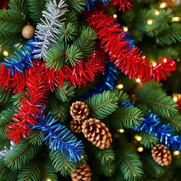 A festive New Year's wallpaper featuring lush green fir trees with abundant pine branches adorned with colorful New Year's tinsel in vibrant hues like red, silver, blue, and gold