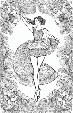 An intricate coloring page featuring a graceful ballerina in mid-dance, surrounded by whimsical elements including botanical designs and butterflies, in the style of Johanna Basford