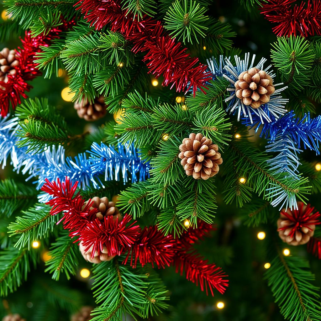 A festive New Year's wallpaper featuring lush green fir trees with abundant pine branches adorned with colorful New Year's tinsel in vibrant hues like red, silver, blue, and gold