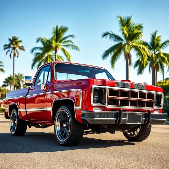 A stunning 1979 C10 pickup truck featuring intricate carbon fiber details, showcasing its classic design enhanced with modern materials