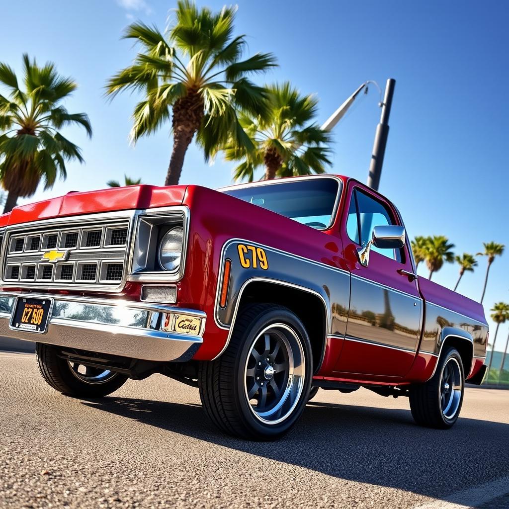 A stunning 1979 C10 pickup truck featuring intricate carbon fiber details, showcasing its classic design enhanced with modern materials