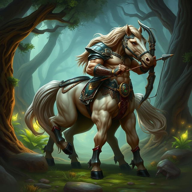 A powerful centaur character designed for a Dungeons and Dragons game, featuring the strong body of a horse with a muscular human torso, arms, and head