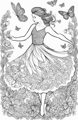 An intricate coloring page featuring a graceful ballerina in mid-dance, surrounded by whimsical elements including botanical designs and butterflies, in the style of Johanna Basford