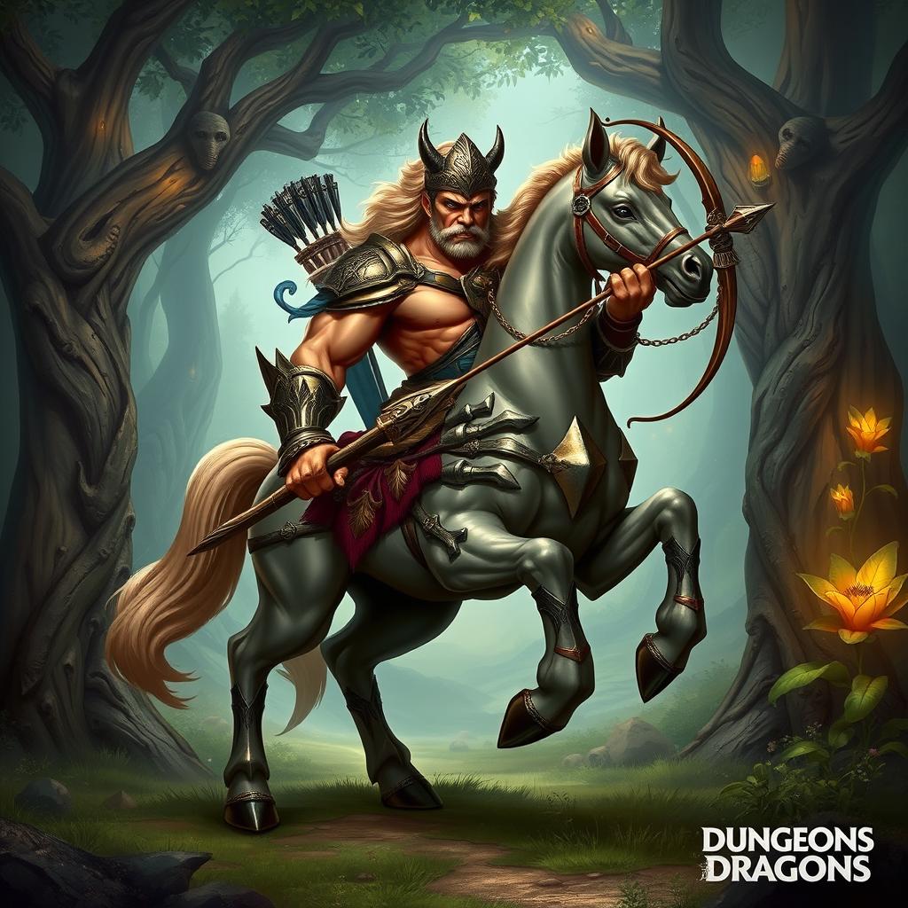 A powerful centaur character designed for a Dungeons and Dragons game, featuring the strong body of a horse with a muscular human torso, arms, and head