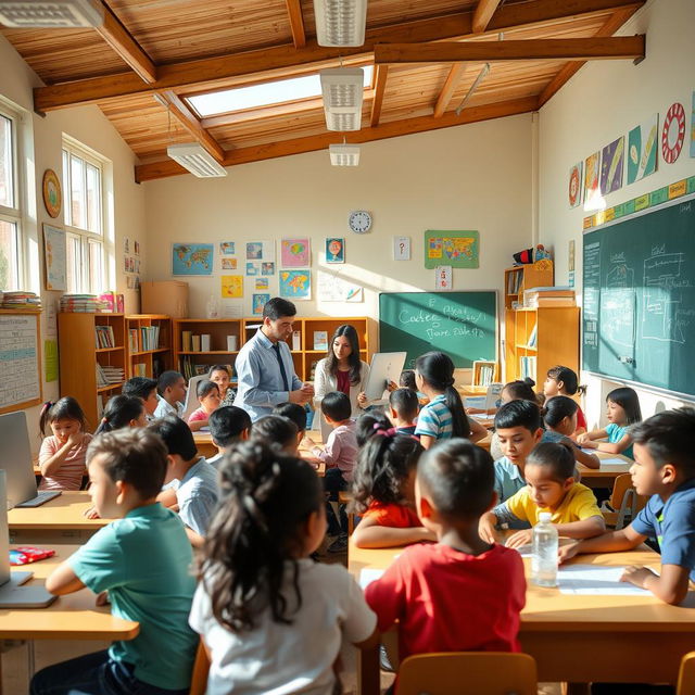 An inviting classroom filled with diverse students engaged in various courses, showcasing different subjects like art, science, and technology