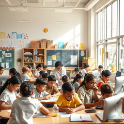 An inviting classroom filled with diverse students engaged in various courses, showcasing different subjects like art, science, and technology