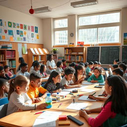 An inviting classroom filled with diverse students engaged in various courses, showcasing different subjects like art, science, and technology