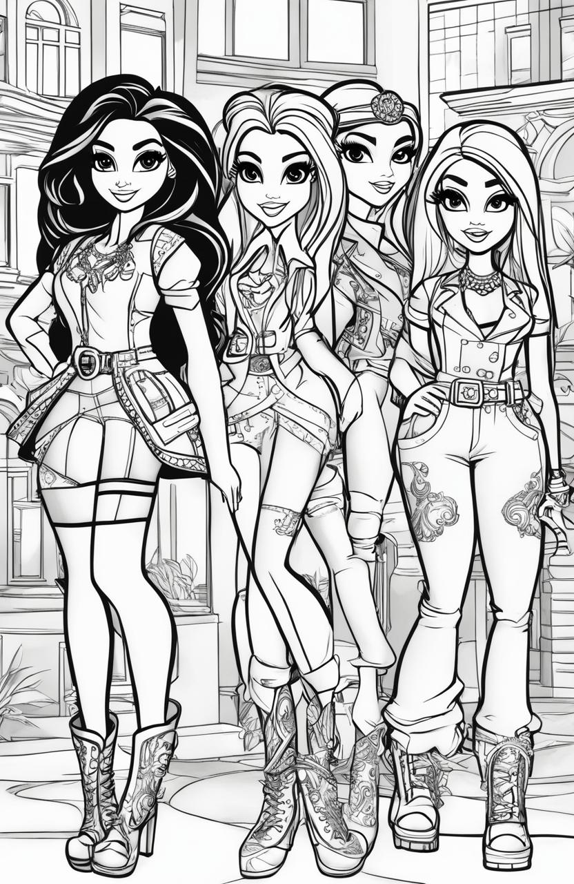 A high-quality, black and white digital art image in the style of a coloring book page, featuring characters from the Bratz franchise in dynamic poses and detailed outfits, ready for intricate coloring