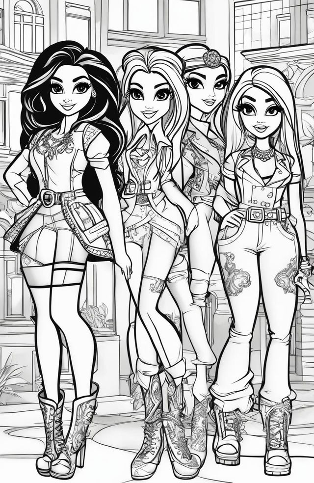 A high-quality, black and white digital art image in the style of a coloring book page, featuring characters from the Bratz franchise in dynamic poses and detailed outfits, ready for intricate coloring