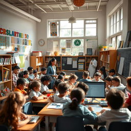 An inviting classroom filled with diverse students engaged in various courses, showcasing different subjects like art, science, and technology