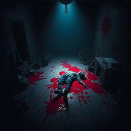 A dimly lit room with dramatic shadows and an eerie atmosphere, featuring splashes of vivid red blood on the walls and floor, creating a striking contrast against the dark surroundings