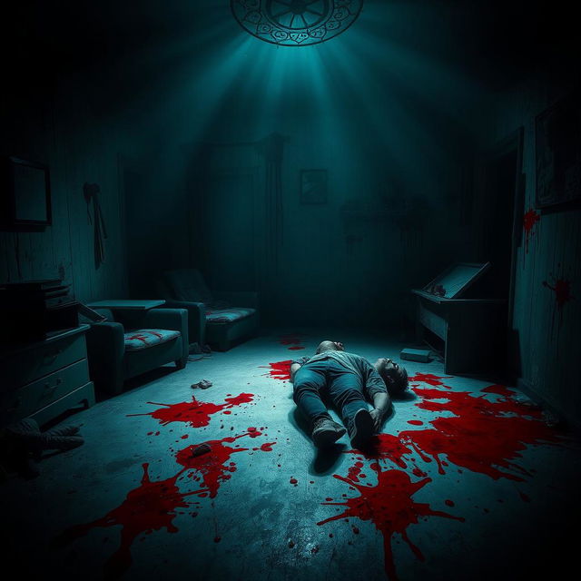 A dimly lit room with dramatic shadows and an eerie atmosphere, featuring splashes of vivid red blood on the walls and floor, creating a striking contrast against the dark surroundings