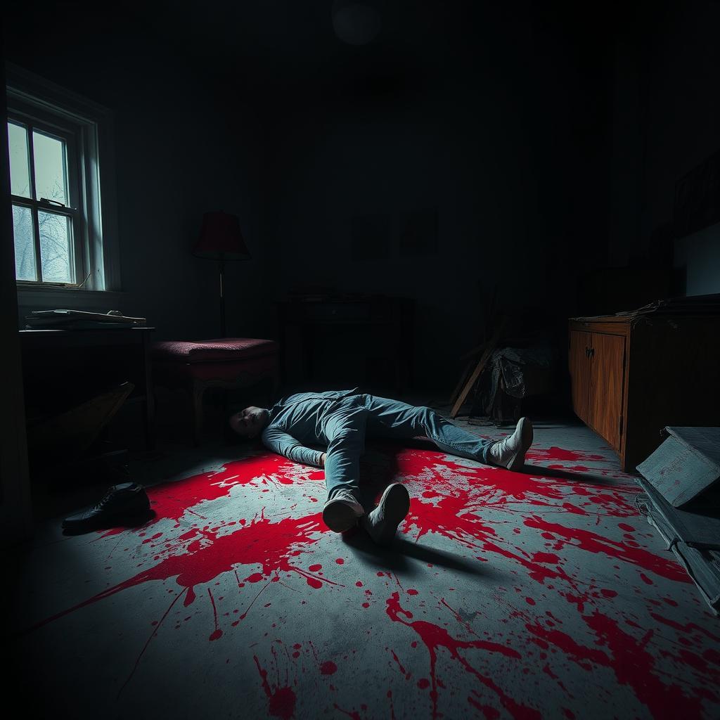 A dimly lit room with dramatic shadows and an eerie atmosphere, featuring splashes of vivid red blood on the walls and floor, creating a striking contrast against the dark surroundings