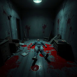 A dimly lit room with dramatic shadows and an eerie atmosphere, featuring splashes of vivid red blood on the walls and floor, creating a striking contrast against the dark surroundings