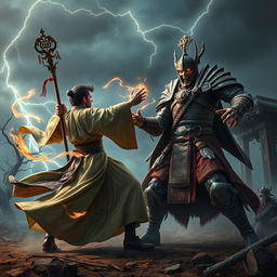 An intense battle scene featuring a Dai Viet Feng Shui Master, dressed in flowing traditional robes with intricate patterns, wielding a mystical staff and surrounded by swirling energy