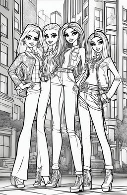 A high-quality, black and white digital art image in the style of a coloring book page, featuring characters from the Bratz franchise in dynamic poses and detailed outfits, ready for intricate coloring