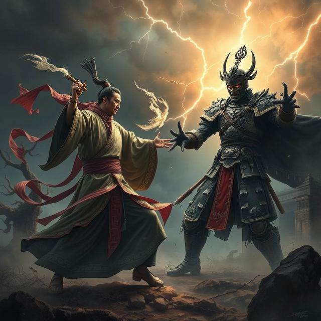 An intense battle scene featuring a Dai Viet Feng Shui Master, dressed in flowing traditional robes with intricate patterns, wielding a mystical staff and surrounded by swirling energy