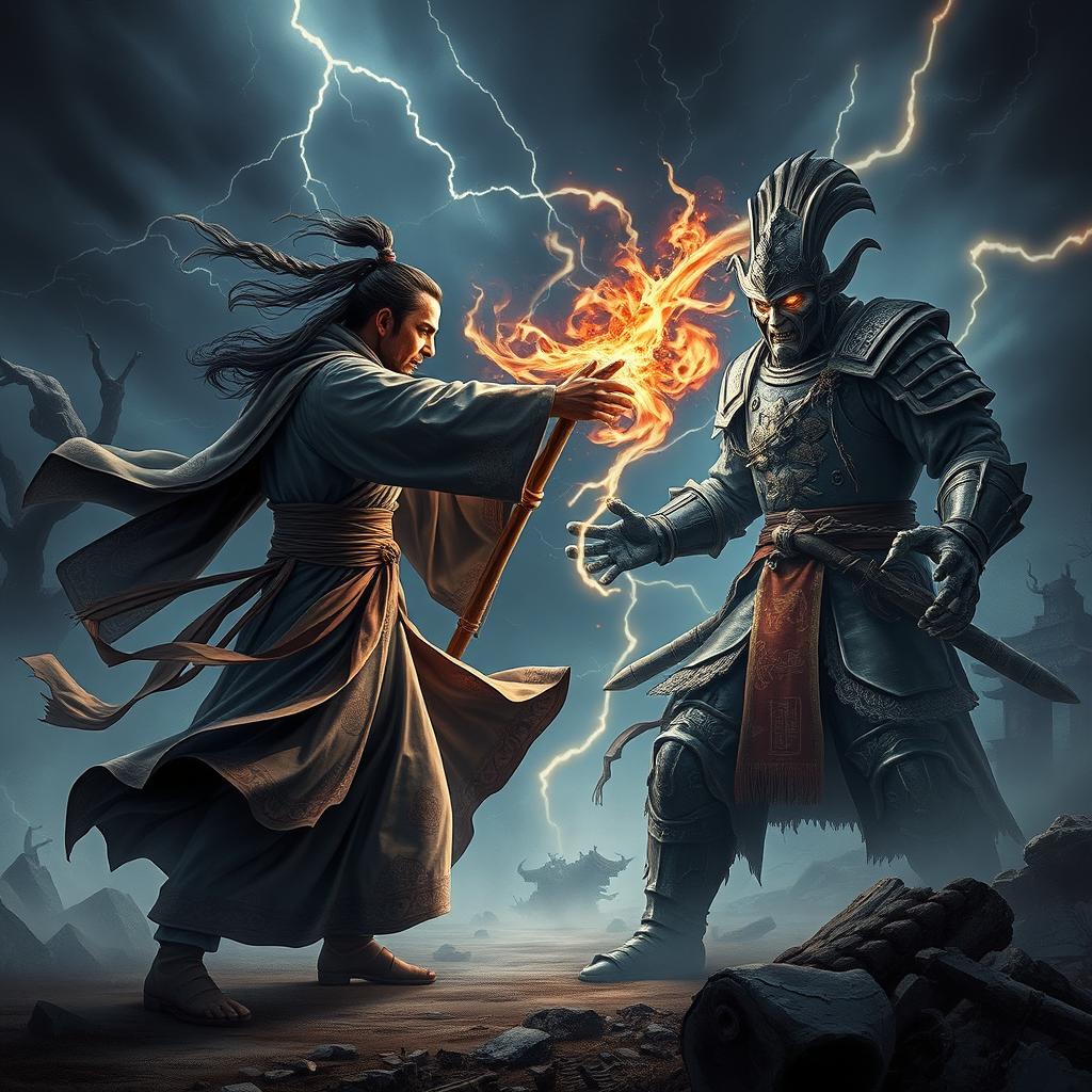 An intense battle scene featuring a Dai Viet Feng Shui Master, dressed in flowing traditional robes with intricate patterns, wielding a mystical staff and surrounded by swirling energy