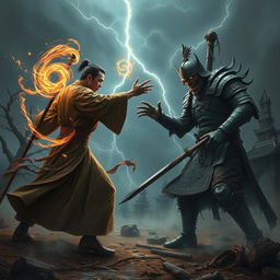 An intense battle scene featuring a Dai Viet Feng Shui Master, dressed in flowing traditional robes with intricate patterns, wielding a mystical staff and surrounded by swirling energy