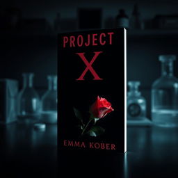 A dark, mysterious book cover for "Project X" by Emma Kober featuring a single, beautiful rose placed delicately in a laboratory setting