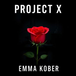 A dark, mysterious book cover for "Project X" by Emma Kober featuring a single, beautiful rose placed delicately in a laboratory setting