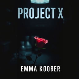 A dark, mysterious book cover for "Project X" by Emma Kober featuring a single, beautiful rose placed delicately in a laboratory setting