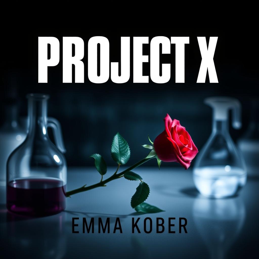 A dark, mysterious book cover for "Project X" by Emma Kober featuring a single, beautiful rose placed delicately in a laboratory setting