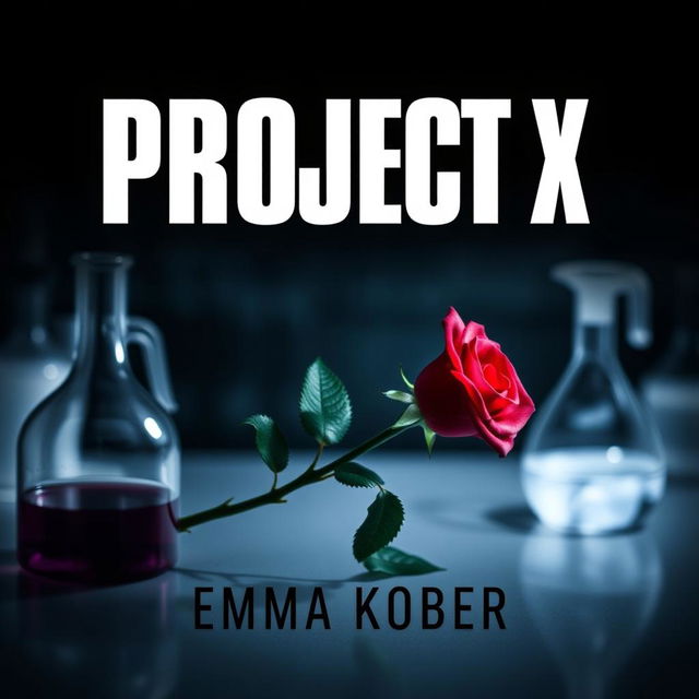 A dark, mysterious book cover for "Project X" by Emma Kober featuring a single, beautiful rose placed delicately in a laboratory setting