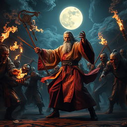 A dramatic night scene showcasing a Dai Viet Feng Shui Master, dressed in traditional ornate robes, energetically wielding a mystical staff as he engages in battle with a horde of fearsome Chinese zombies